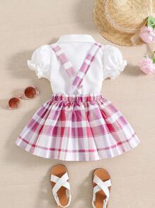嬰兒前蝴蝶結泡泡袖襯衫和格紋印花背带半身裙