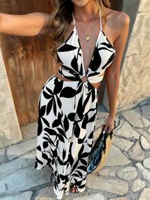 Chiquease Casual Elegant Print Halter Tie Backless Front Round Ring Decor Women Dress