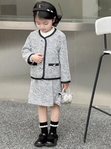 DAZY 2 Pieces Set: Young Girl Single-Breasted Woven Long Sleeve Jacket + Mini Skirt, Spring/Summer Fall,Winter - Black and White - View 12