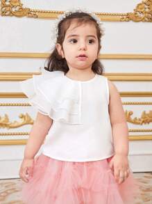 SHEIN Baby Girl Cute Ruffle Trim White Sleeveless Top, Summer - White - View 5