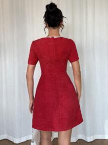 SHEIN Unity Elegant Fitted Square Neck Patchwork Ribbon Short Sleeve ...