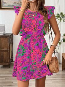Breezaya Vestido con estampado floral y volantes, conjunto para vacaciones y playa para mujeres - Morado - Ver 4