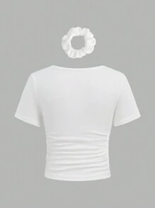 SHEIN Sparklyn Holiday,Summer,TravelBuy 1 Get 1 Tween Girl White Crew Neck T-Shirts With Hairbands, Casual Elegant Fitted Short Sleeve Tops, Spring/Summer/Autumn - White - View 2