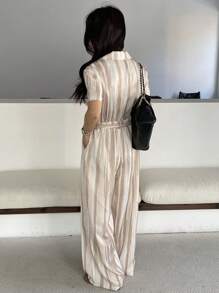 DAZY Combinaison courte avec ceinture et col de blazer rayée, pour femmes - Kaki - Voir 2