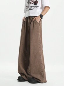 Chillumni Men's Loose Fit Khaki Wide Leg Jeans - Khaki - View 4