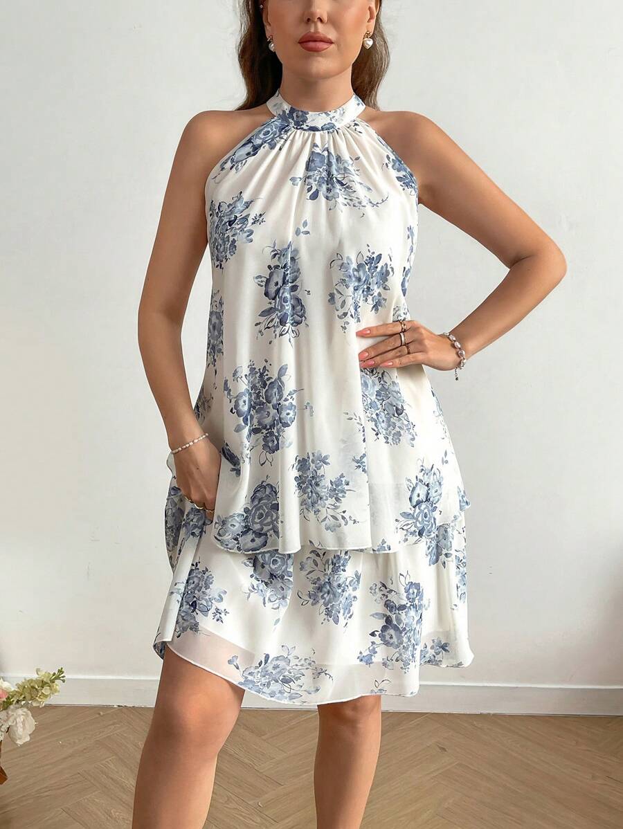 SHEIN Clasi Plus Size Crew Neck Sleeveless Allover Print Casual Short Dress - Blue - View 1