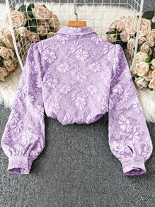 SHEIN Clasi Women's Elegant Solid Color Floral Jacquard Lantern Sleeve Blouse, Autumn Women Shirt Fall Cloth For Women - Purple - View 2