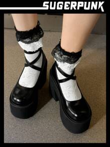 Sugerpunk Zapatos de tacón alto con plataforma y estilo Mary Jane para mujer, calzado de otoño con suela gruesa y elegante
