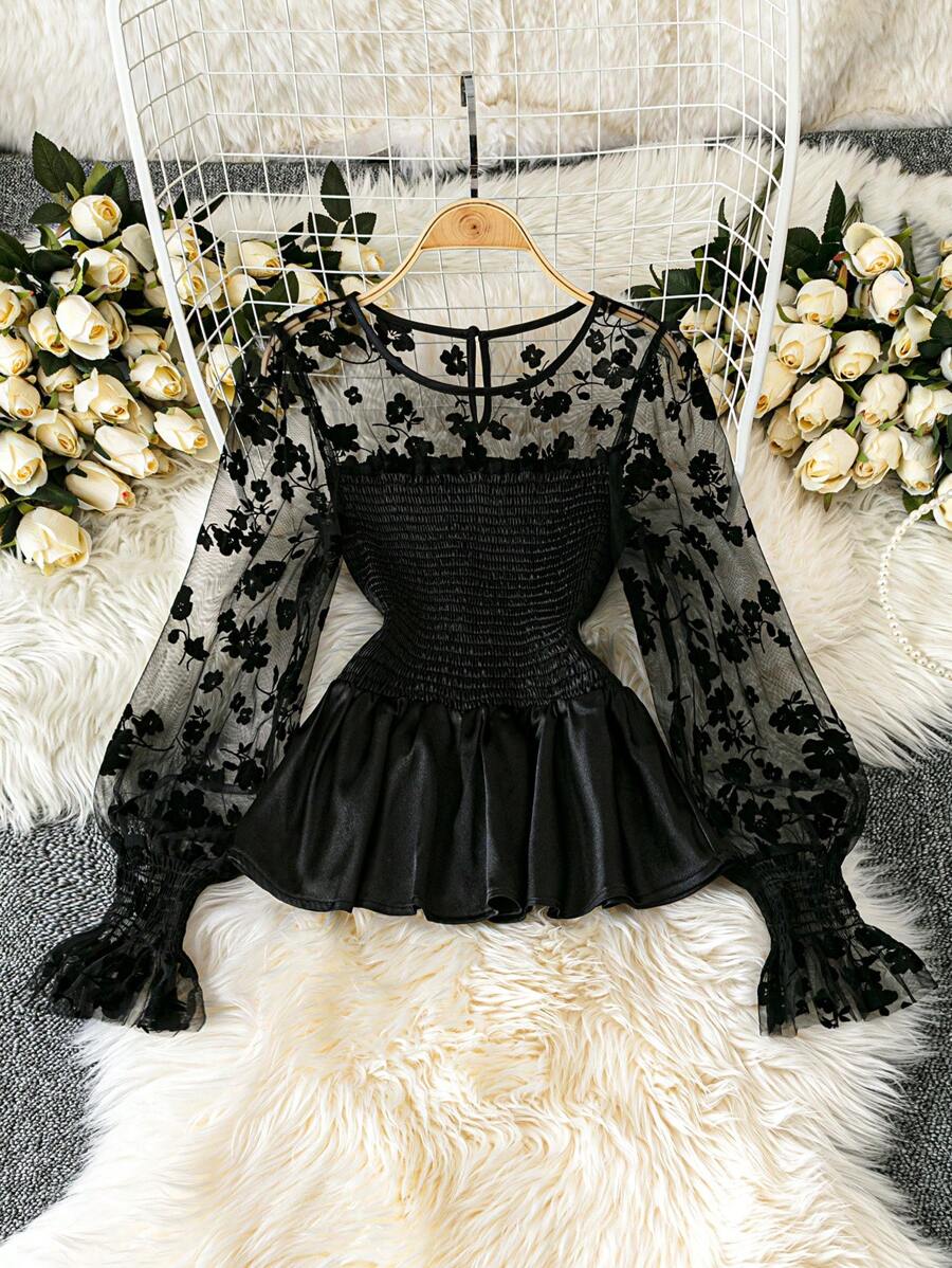 Breezaya 法式设计蕾丝拼布长袖女式衬衫