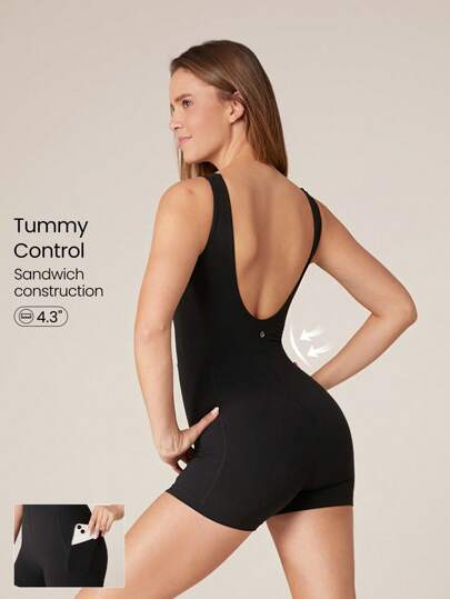 GLOWMODE 4.3英寸 FeatherFit™ 收腹侧袋连体衣 U型后背防滑口袋轻度支撑低冲击瑜伽馆健身房日常穿着