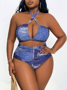 SHEIN Slayr CURVE Plus Size Casual Street Style Denim Effect Print Cut Out One-Piece Suit, For Summer Beach Vacation