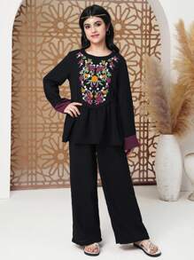 2pcs Teen Girls Floral Print Long Sleeve Top And Pants Set