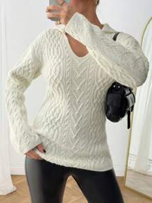 SHEIN Women Solid Color Cable Knit Patten Collar Neck Drop Shoulder Pullover