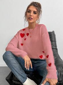 Chiquease European & American Stylish Heart Embroidery Pattern Faux Mink Loose Fit Casual Pullover Sweater, For Valentine's Day/Autumn/Winter