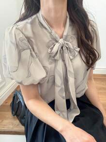 FRIFUL Women's Bowknot Ditsy Floral Blouse With Puff Sleeves, Tie Neckline, Elegant Design For Summer