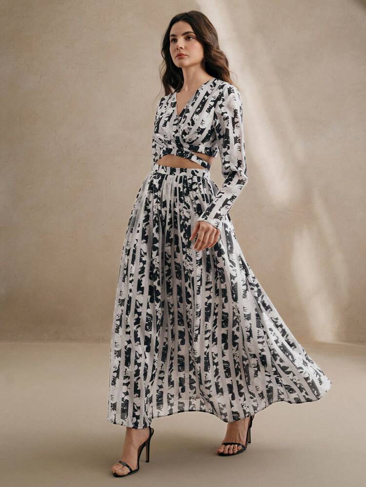 2pcs Vacation Outfit For Women: Black & White Jacquard Striped Mesh Splice Drawstring Crop Top And Long Midi Skirt Set, Festival Going Out Outfits