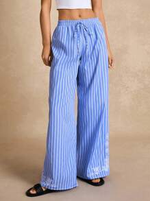 Poéselle Women Casual Striped Floral Embroidered Wide Leg Pants - Blue and White - View 6