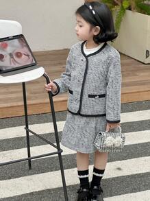 DAZY 2 Pieces Set: Young Girl Single-Breasted Woven Long Sleeve Jacket + Mini Skirt, Spring/Summer Fall,Winter - Black and White - View 4
