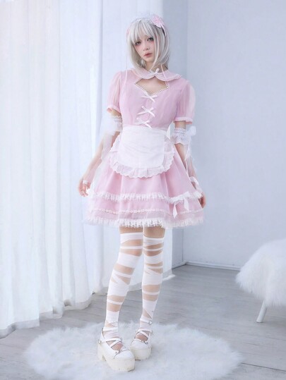 Kawaii Women's Solid Color Patchwork Bow Decor Cute Lolita Style Mini Dress