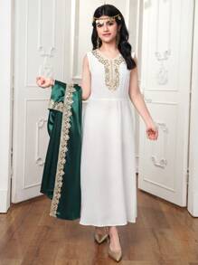 2pcs Set Teen Girl Cardigan & Dress, Simple Outfit - Green - View 3