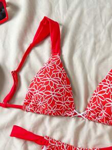 Swim Mod 2 件套提花纹理女士海滩度假蝴蝶装饰比基尼套装 - 紅色 - 查看 3