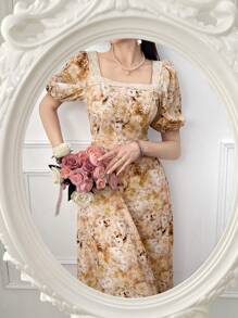 Modelyn Rochie de damă cu mâneci bufante, cu imprimeu floral, cu decolteu pătrat, elegantă