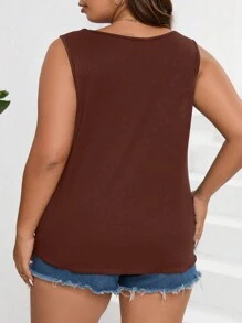 SHEIN LUNE Plus Size Women Solid Color Arched Hem V-Neck Casual Tank Top