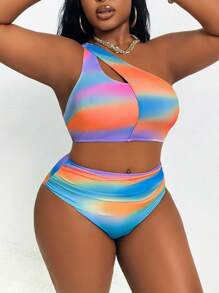 SHEIN Swim Curve Plus Size Women 2pcs/Set Colorful Tie Dye Print One Shoulder Hollow Top Paired With Matching Ruched Print Sexy Summer Beach Swimwear Set