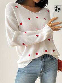 Chiquease Women's Regular Drop Shoulder V-Neck Embroidered Heart Pattern Lightweight Loose Casual Knitted Sweater Fall Winter - Multicolor - View 6