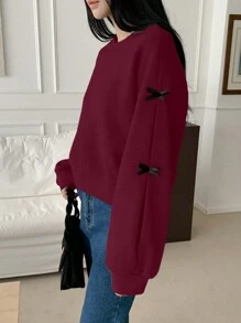 DAZY Color Block Bow Decor Ronde Hals Losse Fit Dames Sweatshirt, Herfstkleding