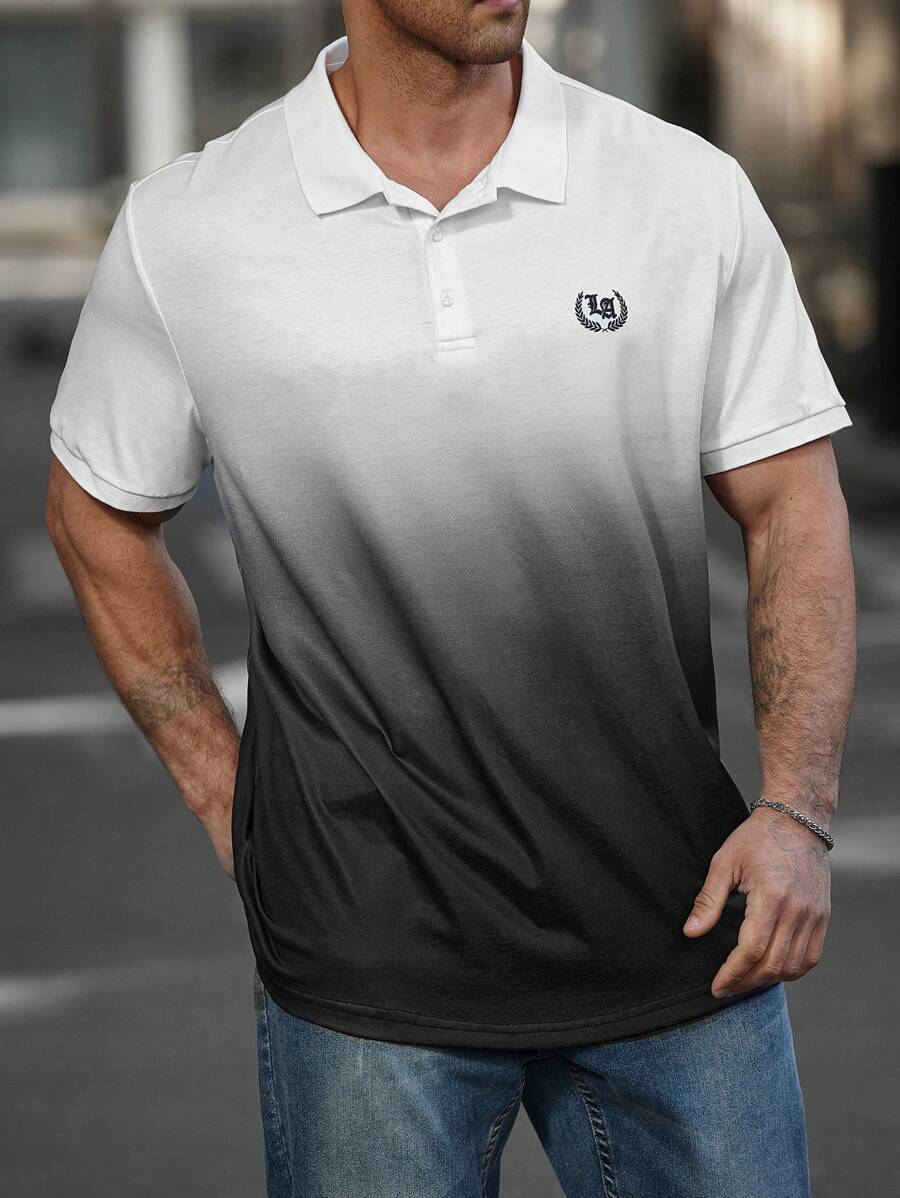 Manfinity Homme Plus Size Men's Front Button Short Sleeve Ombre Casual Polo Shirt, For Tennis - White - View 1