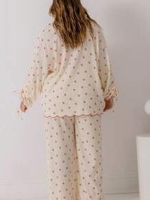 Aralina Curve Cutsey Valentine Cherry-Print Relaxed Pajama Two Pieces Set With Scrunchie And Scallop Detail - Red - View 2