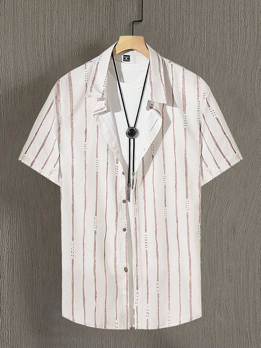 Manfinity Homme Áo sơ mi nam kẻ sọc đơn hàng khuy bất đối xứng thường ngày cỡ lớn - Nhiều màu - Xem 1