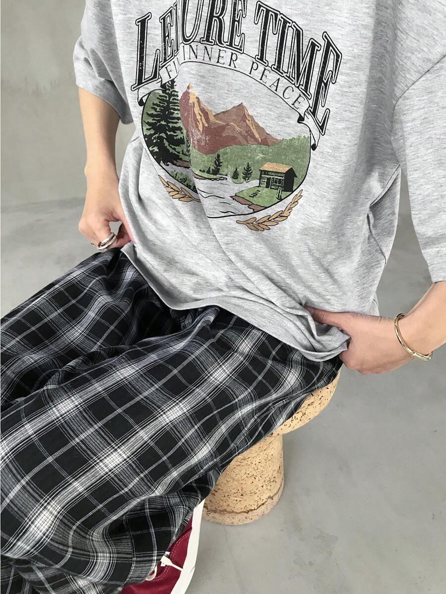 FRIFUL Women Casual 2 Pieces Set: T-Shirt & Plaid Pants, Graphic Print, Summer Lounge Sets For Women - Grey - View 1