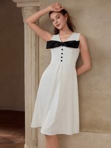 MOTF BOW DECOR FOLD PLEATED DRESS - White - View 3