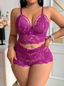 SHEIN 2pcs Set Sexy Plus Size Women Lace Lingerie Set - Purple - View 3