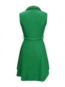 SHEIN LUNE Women's Solid Color Single-Breasted Sleeveless Shirt Dress - Green - View 2