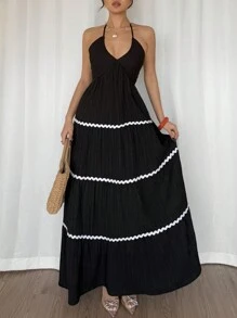 SHEIN Raffinéa Damen Lässig Resorts Stil Spaghettiträger Asymmetrisches Langes Kleid mit Gerüschtem Saum und Rückenausschnitt, Frühling/Sommer Neuerscheinung Schwarz - Schwarz - Übersicht 6