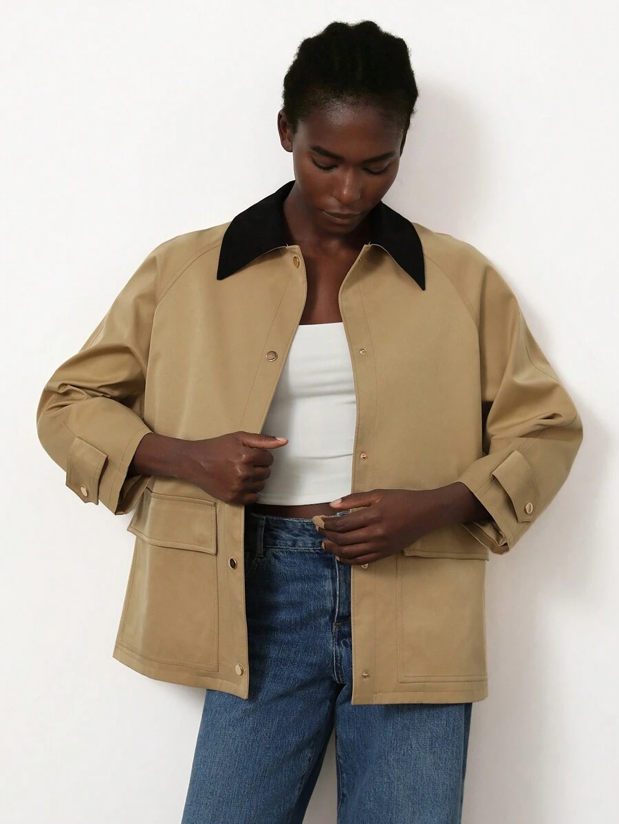 Aveloria Modichic Color Block Casual High-End Minimalist Workwear Style Corduroy Patchwork Lapel Flap Pocket Long Sleeve Loose Women Jacket - Khaki - View 1