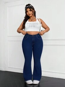 SHEIN ICON 大码女式口袋喇叭休闲百搭牛仔裤 - 藍色 - 查看 5