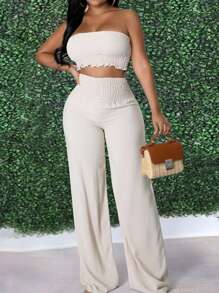 INAWLY 2 Pieces Set: Cropped Halter Top With Ruched Hem And Wide Leg Palazzo Pants