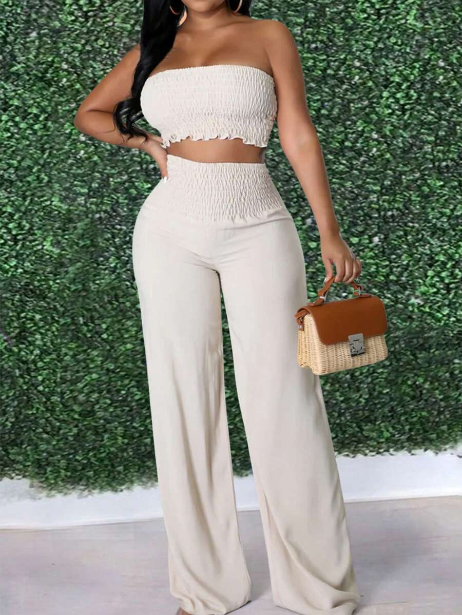 INAWLY 2 Pieces Set: Cropped Halter Top With Ruched Hem And Wide Leg Palazzo Pants