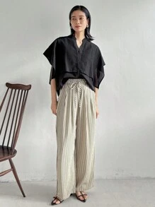 FRIFUL Women's Black Loose Shirt With Sleeve Design, Business Casual Summer Wear Linen - Black - View 2