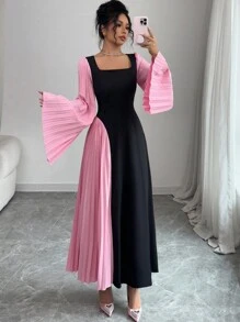 Modelyn 女士撞色拼接长袖休闲中长连衣裙 - 黑色 - 查看 2