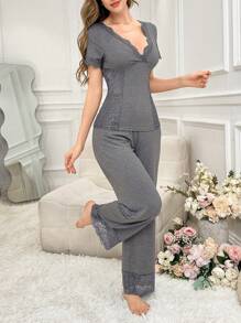 SHEIN Solid Color V-Neck Contrast Lace Waist Tied Short Sleeve Pants Women Pajama Set - Grey - View 5