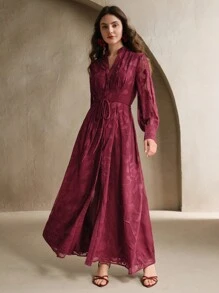 Anewsta Going Out Small Stand Collar V-Neck Lantern Long Sleeve Semi-Sheer Cinched Waist Floral Fabric Elegant Modern Long Dress Women Thanksgiving Outfit Christmas Theme Festival Spring Outfits For Women Vacation Outfits Woman - Burgundy - View 4