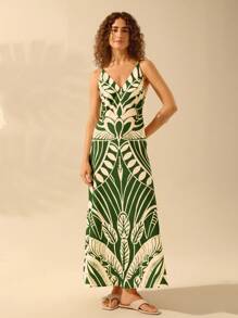 CAJUNI Women's Boho Tropical Black & Beige Print Dress, Casual Holiday Summer Dress