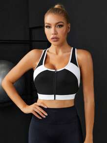 Easithlete Two Tone Zip Up Crisscross Back Sports Bra - Black and White - View 6