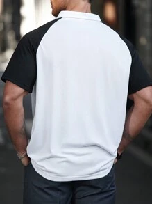 Manfinity CasualCool Plus Size Men's Colorblock Front Zipper Short Sleeve Casual Polo Shirt, For Golf