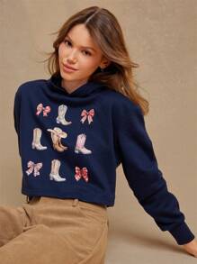 WESTFADE 春季蝴蝶结图案和牛仔靴印花 V 领长袖短款西部图案连帽衫运动衫西部服饰女装